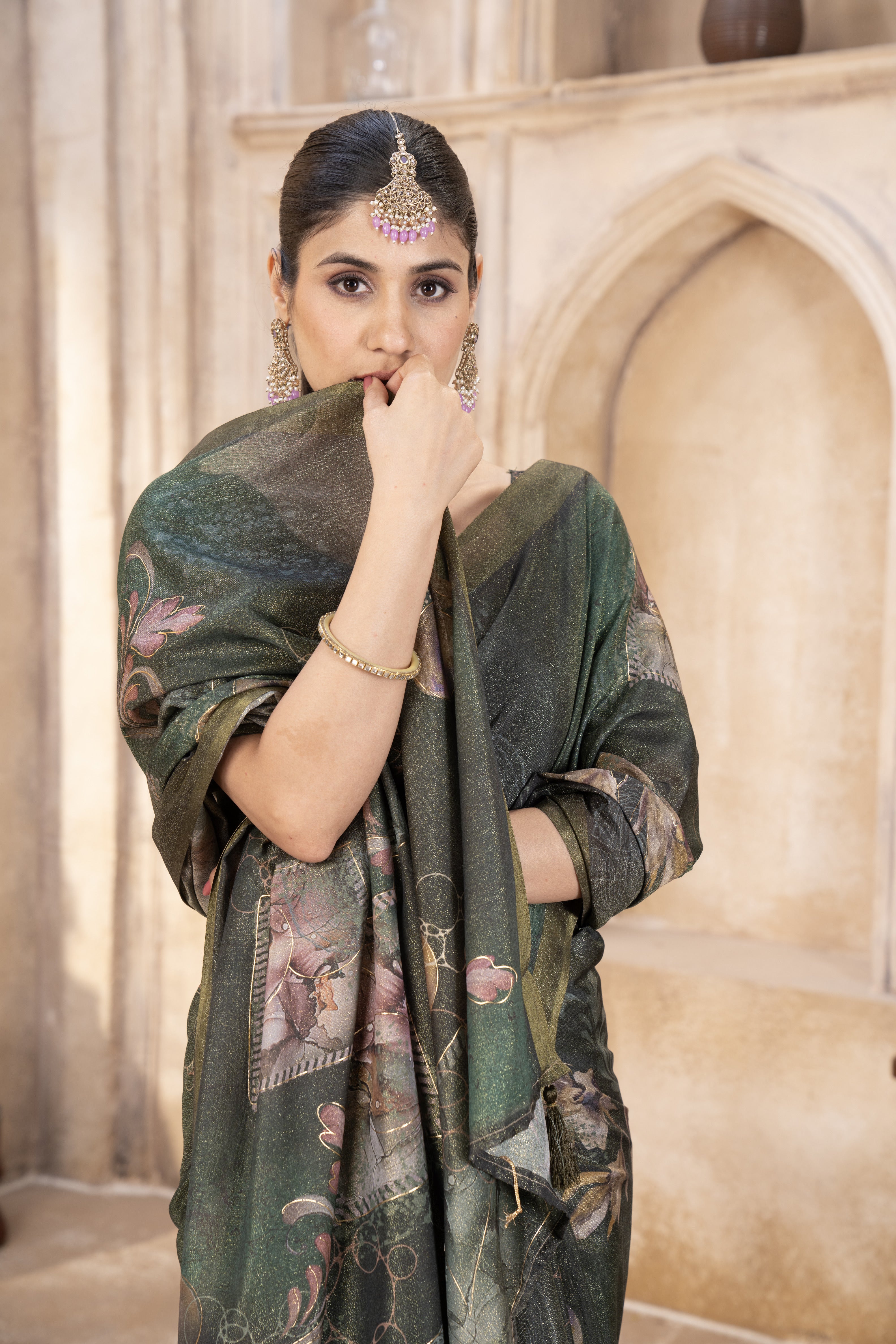 Green Pure Silk Foil Outline Work DigitalPrint Saree